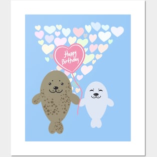 Happy birthday Card Cute Gray Fur Seals Posters and Art